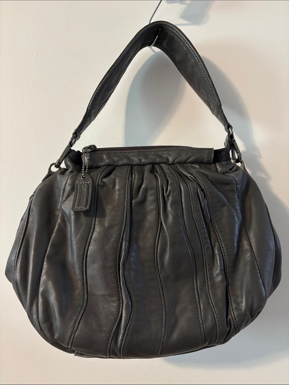 Vintage Danier Dark Grey Ruched Leather Shoulder Bag